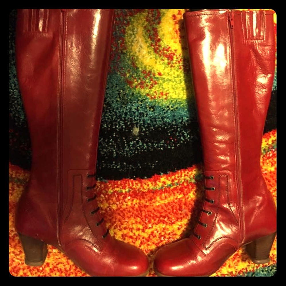 7.5 red leather Fluevog knee-high boots